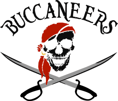 A bandana-wearing skull over crossed cutlasses