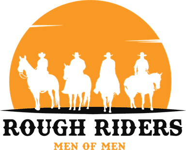Four riders on horseback silhouetted against a setting sun