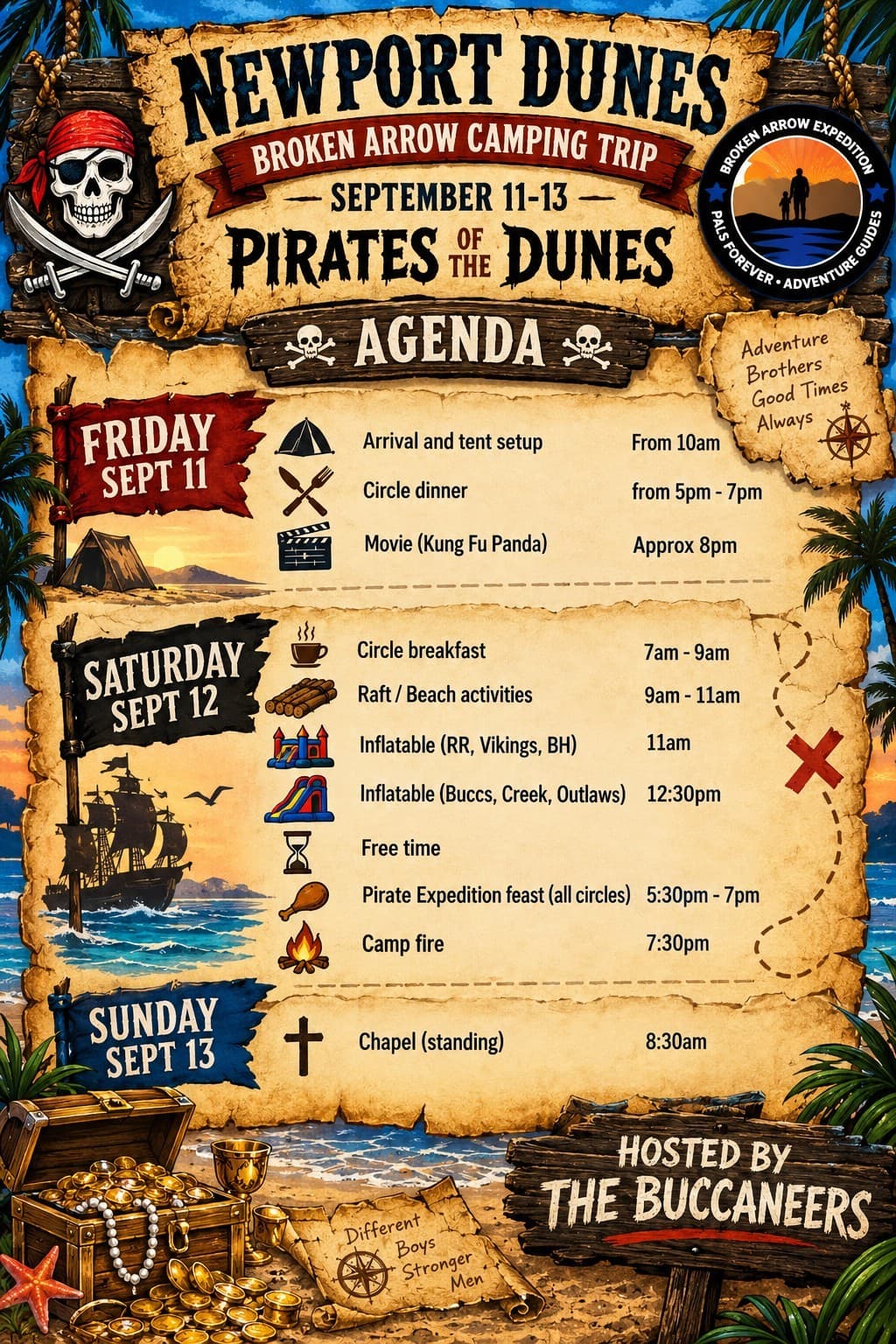 Pirates of the Dunes agenda poster: Friday arrival and movie, Saturday raft activities, inflatables, feast and camp fire, Sunday chapel
