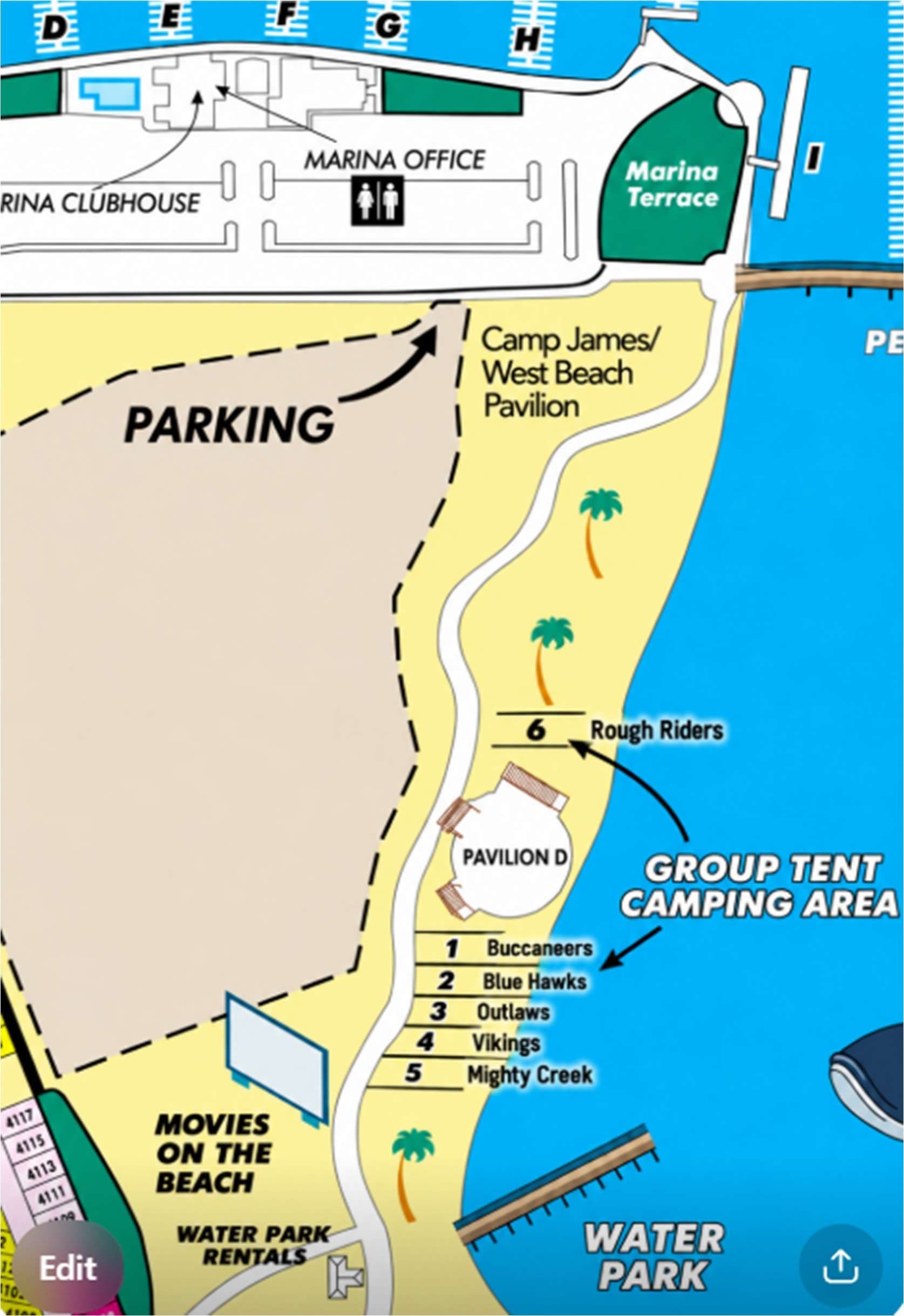 Camp map showing the walk from the parking lot past Camp James to the group tent area beside Pavilion D, with sites numbered one to six against each circle