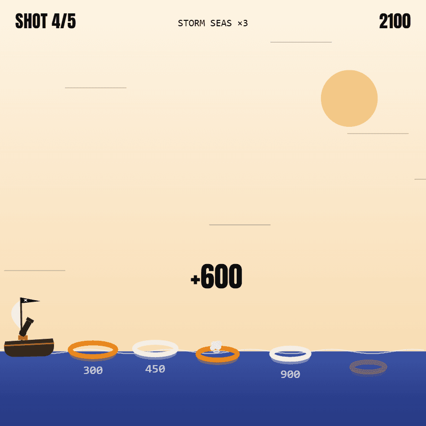 Cannonball Cove — a pirate ship fires a camper at scoring rings across the water