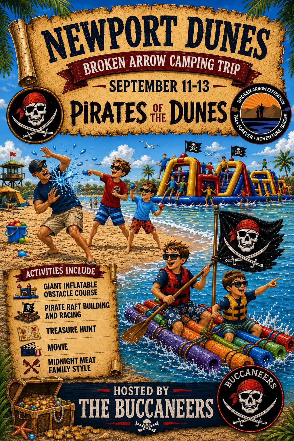 Pirates of the Dunes flyer for the Newport Dunes camping trip, September 11 to 13, hosted by the Buccaneers — boys racing a raft and playing in the surf below a giant inflatable obstacle course