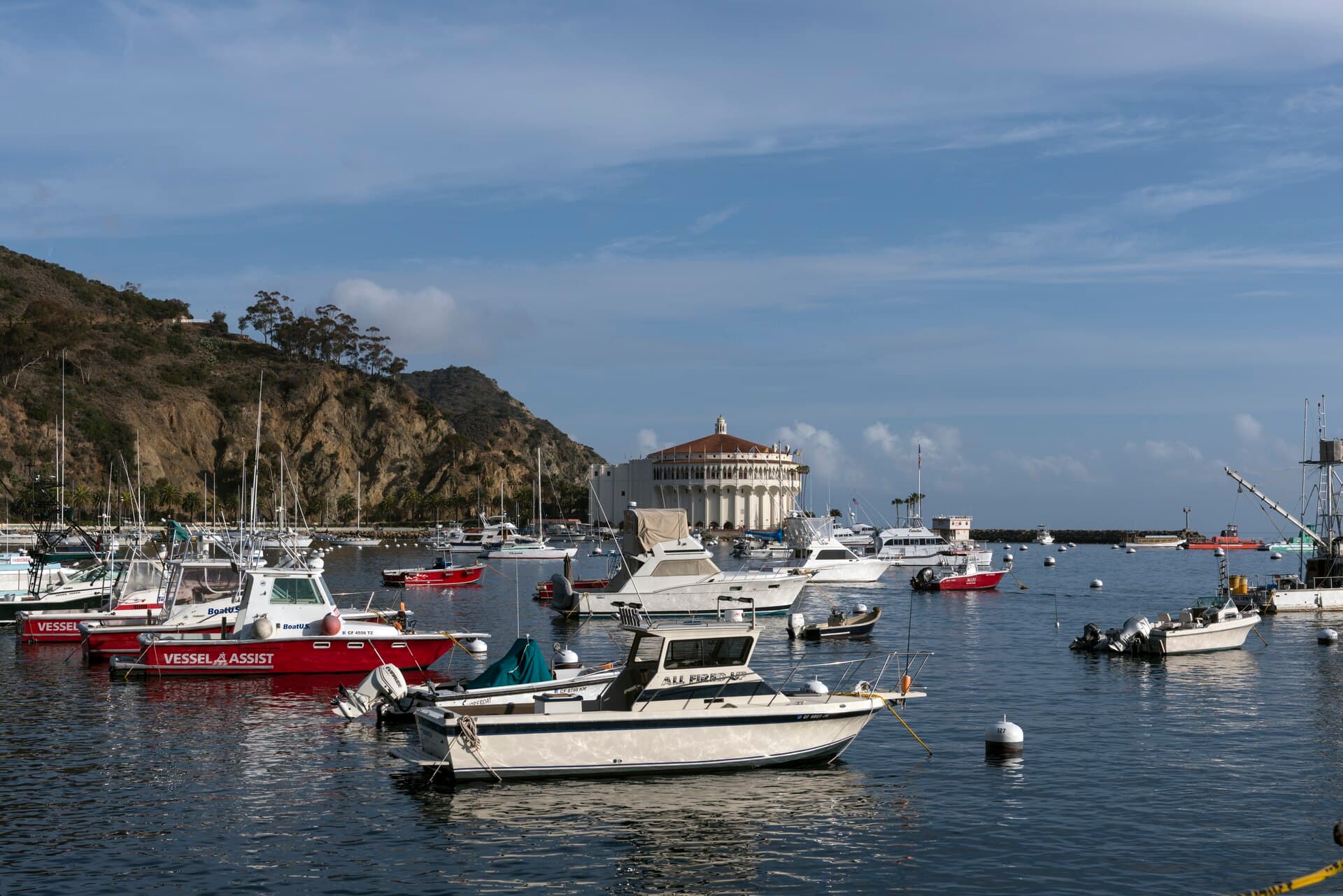 Boats moored in Avalon harbour on Santa Catalina Island, with the round white Casino building on the point and the island hillside rising behind
